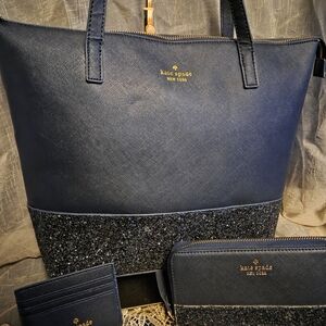 Kate Spade Navy Glitter Tote Set | Matching Wallet & Card Holder | 3-Piece